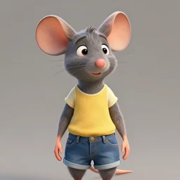 3 d render, portrait, upper body shot, mid shot, anthropomorphic mouse, female, wearing denim short shorts and a off yellow tank top shirt, in the style of flushed away