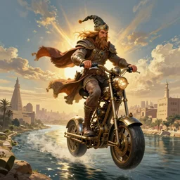 a wizard flying on a steampunk hover bike over a river with Cairo in the background, in the style of moebius