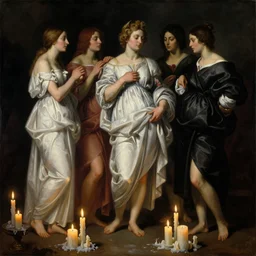 Beautiful women melting like wax, a lot of burned candles, by Nicola Samori, Ilya Repin, William Blake, Michelangelo da Caravaggio, black background, full body portrait, highly detailed oil painting, trending on artstation, 4k, masterpiece