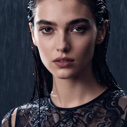 close up of face of a wet adriana in luxury dress, heavy rain, dramatic lighting, official dior editorial, highly detailed