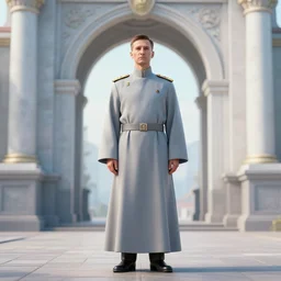 A soviet officer wearing long flowing robes in front of a magical gateway to another universe, illustration by greg rutkowski, thomas kindkade, alphonse mucha, loish, norman rockwell, artstation