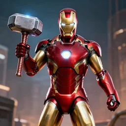 iron man holding thors hammer