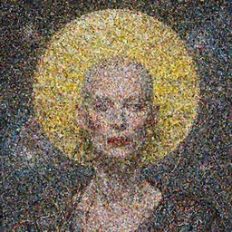 Woman masterpiece, Tilda Swinton, bald, multiple  halos, blood dripping down the head, yellow, galaxies in the background, golden halo behind her head, wires everywhere, by Edgar Maxence and Ross Tran, Zdzisław Beksiński, and Michael Whelan, gustav dore, H.R. Giger, 8k, octane render