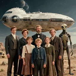 sharp, 70mm still from a sci fi blockbuster color movie made in 2022, set in 1860, of a family standing in front of a spaceship that has just landed on an alien planet, a humanoid alien creature stands nearby, the family are all wearing 1850s era clothes, 4k, in focus faces, extremely good quality lighting, good quality photography, A list cast, famous actors, famous actresses, oscar winner