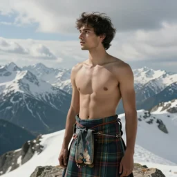 a homoerotic portrait by greg rutkowski and albert bierstadt and bill ward of a shirtless desi hiker on a mountain peak | he is wearing a tartan kilt | background is snowy mountains and clouds | detailed face, ethereal, dreamlike | trending on artstation