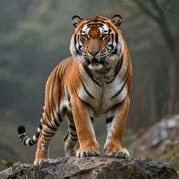 a humanoid muscular tiger king stands on a rock by greg rutkowski, magic realism, hyper realistic, 2 0 0 mm lens