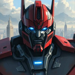a portrait of optimus prime with a city in the background in the style of greg rutkowski