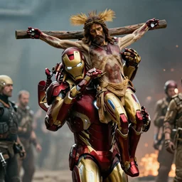 full shot photograph of jesus christ being carried by iron man on doomsday, photorealistic, cinematic lighting, extremely detailed