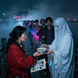 中 元 节, 中 国 鬼 节, the long procession of the dead is queuing up on the naihe bridge. mother meng handed the nearest female ghost in red a night's worry free soup, page of comic book, psychedelic lights and fog, by zdzislaw beksinski, ayami kojima, takato yamamoto, barclay shaw, karol bak, hyperrealist, 8 k