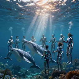 a post - climate change waterworld in which genetically modified cyborg whales form a musical underwater choir singing blissful techno songs that carries across vast distances to entertain the humans who live at the surface