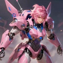 a beautiful woman, piloting a mech. Pink and blue color scheme. In the style of Arcane by fortiche. Marmoset Toolbag, zbrush, substance painter.