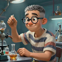 An epic fantasy comic book style portrait painting of a charming and friendly !young man in a laboratory, very expressive, buzz cut gray hair,  !!NO GLASSES, round face, wearing a shirt with !horizontal stripes, handling laboratory equipment, character design by Mark Ryden and Pixar and Hayao Miyazaki, unreal 5, DAZ, hyperrealistic, octane render, cosplay, RPG portrait, dynamic lighting, intricate detail, summer vibrancy, cinematic