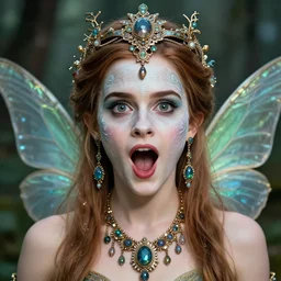 portrait of suprised fairy with her mouth wide open, symmetric, facepaint facepaint facepaint, intricate jewelry, trending on artstation 4 k, in the style of karol bak and tom bagshaw, bust with face of emma watson