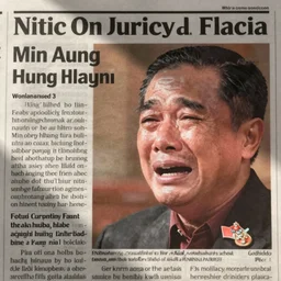 Photograph of Min Aung Hlaing crying, closeup, newspaper article