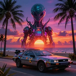 deep dark style alien dark sunset electronic machine monster vibrant colours miami beach sunset vapor wave palm trees 80s synth retrowave delorean covered in stickers car wide shot epic post apocalyptic landscape