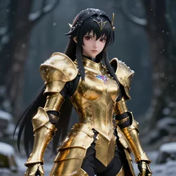 focus portrait of beautiful darkness knight 3D anime girl, golden armor wearing, dark forest background, snowing, bokeh, inspired by Masami Kurumada, digital painting, high contrast, unreal engine render, volumetric lighting, high détail