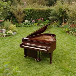 an empty piano in the middle of a garden by wes anderson, vintage, field of view, warm color palette, rainbow, spectral color, volumetric light, vapor, mist, floral, piano