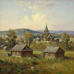 the small wooden villages of siberia with an orthodox church, russia in the style of hudson river school of art, oil on canvas