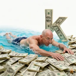 jeff bezos swimming in massive pile of cash, 4 k, photography, extremely detailed, digital art, trending on artstation, greg rutkowski, realism