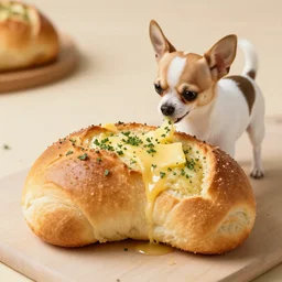 a chihuahua dog turning into garlic bread, buttery chihuahua bread, food photography