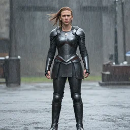 scarlett johansson with angry expression wearing wet armour in pouring rain. hair blowing in the wind, depth of field effect, full body pose, dramatic lighting, afro samurai anime style, pencil and ink manga drawing, in a post apocalyptic city street with explosions in the background