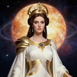portrait of the powerful empress of the solar system in the style of peter mohrbacher and in the style of donato giancola. glowing, ornate and intricate linework, sharp focus, depth of field, stunning, dynamic lighting, ultrafine and hyperdetailed.