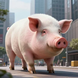 award - winning hyperdetailed photograph of an abnormally sized ginormous giant massive scaled up pig walking across a city, 4 k, 8 k, high quality