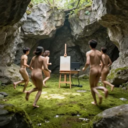 people without clothes running through a room made of rocks with natural light and mossy floor, an artist easel in the center of the room connected to a computer