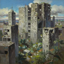 baroque oil painting of anime key visual concept art of overgrown abandoned concrete cityscapes, trending on artstation, palette knife and brush strokes, oil on canvas, style of makoto shinkai greg rutkowski studio ghibli