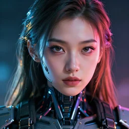 beautiful close - up portrait of a cyborg mercenary girl, art by wlop and liam wong, cyberpunk, neon, combat armor, head and shoulders, long hair, detailed eyes, intricate details, trending on artstation, sharp focus, caustics, octane render, radiant light, 4 k