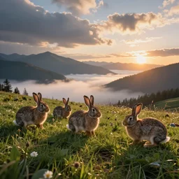 bunnies hopping around in a beautiful nature landscape with clouds, mountains, in background, sunset, by rhads
