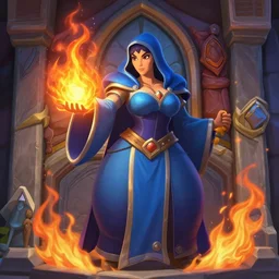 a female mage with a blue robe and casting a fire spell, Hearthstone official splash art, tinyest midriff ever, largest haunches ever, fullest body, small head, largest chest, SFW, SFW, perfect master piece, award winning