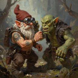 fantasy oil paint of a gnome with goggles tatooing a troll, modern clothing, funny, rpg, fantasy, pathfinder, dnd, artstation, deviantart, shadowrun