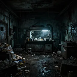 dark, dirty, underground laboratory, abandoned, creepy, piles of trash and junk, low brightness, cinematic lighting, no power, no lights