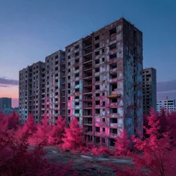 a beautiful very detailed painting of urbex dormitory industrial architecture nature unfinished building abandoned by canaletto, tron at dawn tokyo alien lightpaint infrared synthwave neon noir at dusk at night otherworldly sci - fi, archdaily, wallpaper, highly detailed, trending on artstation.