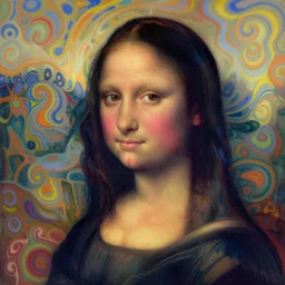 beautiful tan latina woman, landscape, entering third dimension, prominent rosy cheek bones, black hair and brown eyes, monet and da vinchi and psychadelic art style,