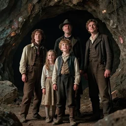 sharp, highly detailed, film from sci fi 8 k color movie, set in 1 8 6 0, family standing outside a cave on a strange alien planet, looking happy, wearing 1 8 5 0 s era clothes, atmospheric lighting, in focus, reflective eyes, 3 5 mm macro lens, live action, nice composition, good photography