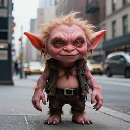 photo of hyperealistic goblin in downtown nyc