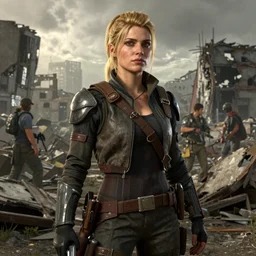 fallout 5, charismatic beautiful rugged blonde female protagonist, portrait, outdoors ruined cityscape, atmospheric lighting, painted, intricate, volumetric lighting, beautiful, daytime, slight overcast weather, sharp focus, deep colours, ultra detailed, by leesha hannigan, ross tran, thierry doizon, kai carpenter, ignacio fernandez rios