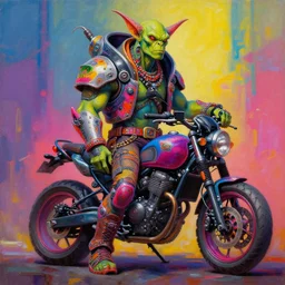 a full body portrait scifi post apocalyptic orc biker, psychedelic vibrant colors, futuristic punk rock fashion, oil painting by michael whelan art, sharp focus, realistic, highly detailed, 8 k