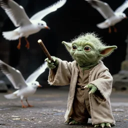 Film still of Yoda hitting the seagulls away with his stick, from Star Wars The Empire Strikes Back (1980)
