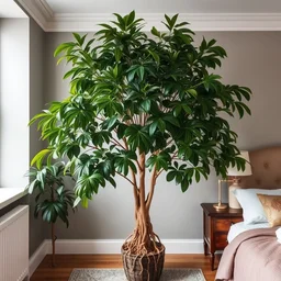 a plant of ficus benghalensis in a bedroom in london in the style of 1 9 th century botanical art, aerial roots