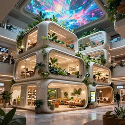 very wide cinematic shot inside a scifi combination of capsule hotel!! and shopping mall as ikea ad, modern lush condo as shopfront, terrarium lounge area, very tall cathedral ceiling with holographic sky mural, detailed archviz render, archdaily, scifi artstation concept, comfy lighting, mass effect, fine details, unreal engine, hyperrealism, realistic shading, blender render