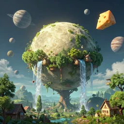 planet overgrown with wax moon, visible planets in the sky, hanging trees, floating houses, soda waterfalls, living cheese flying though the sky, Greg Rutkowski, 3d scene, trending on Artstation, 8K, ultra wide angle, pincushion lens effect.