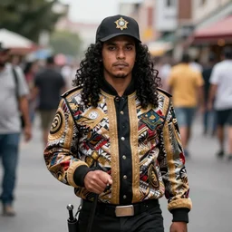 a brazilian pimp with a cane, wearing a fancy jacket, long black curly hair, high quality, sigma 8 5 mm, street photography