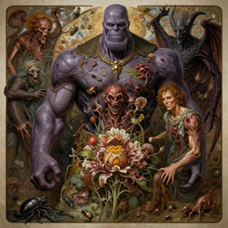 the platonic ideal of flowers, rotting, insects and praying of cletus kasady ultimate carnage thanos dementor doctor manhattan chtulu nazgul bioshock, artstation, detailed, intricate, hyperrealism, intense, scary, decay, dmt, art by brock hofer and artgerm and greg rutkowski and alphonse mucha