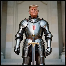 photo of donald trump, kodak portra 4 0 0, wearing a suit of knight ’ s armor, two arms, two legs, symmetrical face, donald trump ’ s face, donald trump, donald trump holding a mythical sword