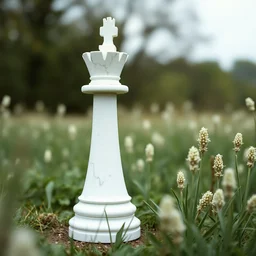 white marble statue of a queen chess piece in a field, 3 5 mm, photography