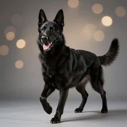 An extremely dynamic studio photo of a black German Shepherd dog, bokeh, 90mm, f/1.4