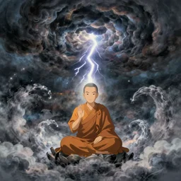 illustration of a peaceful monk in the centre of a swirling atom shooting lightning from his hands into a dark ominous cloud, studio ghibli, ultra hd